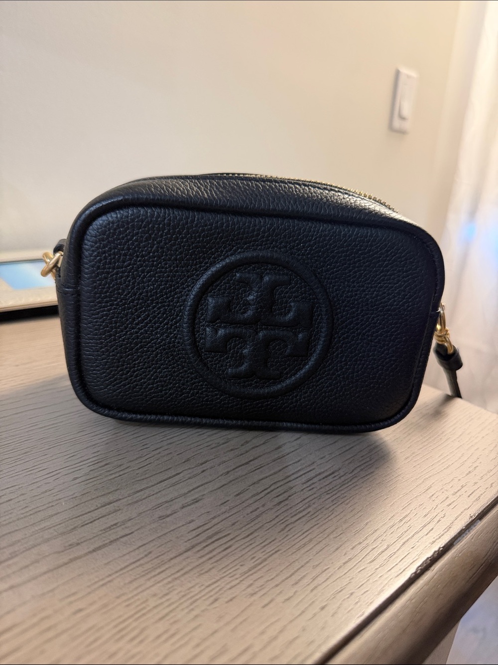 Tory Burch Black Pebbled Leather Logo Crossbody Bag